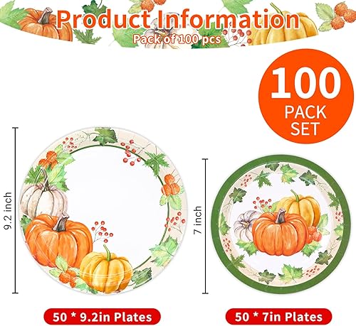 Miniatura 2 de Pumkins - Platos de papel a granel, 100 piezas de platos de papel desechables de 9.2 pulgadas y 7 pulgadas, juego de platos de papel de calabaza y