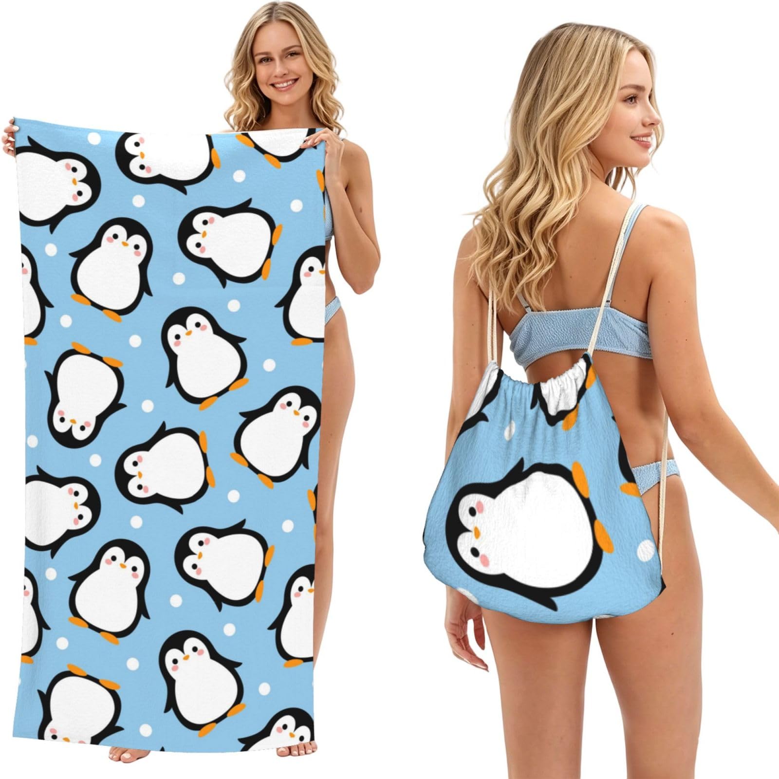 Poadnly As Picture Penguin Fluffy Winter Fluffy, 2 In 1 Packable Towel Bag, Beach Towels With Drawstring Backpack For Travel Holiday Camping