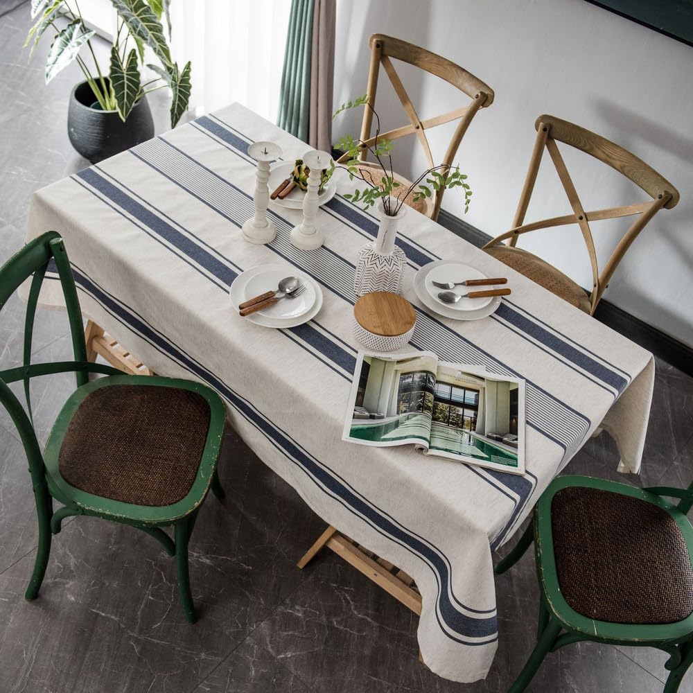 Mantel de Lino y algodón de Estilo Rural con diseño de líneas Azules, para decoración de Cocina, Bodas, comedores, Azul Marino, 140 x 180 cm