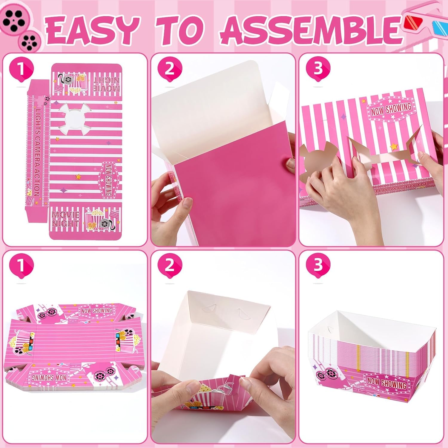 48PCS Pink Movie Night Party Supplies Disposable Snack Holders Movie Night Food Trays Popcorn Bags and Snack Boxes Basket Container Holder Boat Boxes for Cinema Movies Marathon with Family Friends