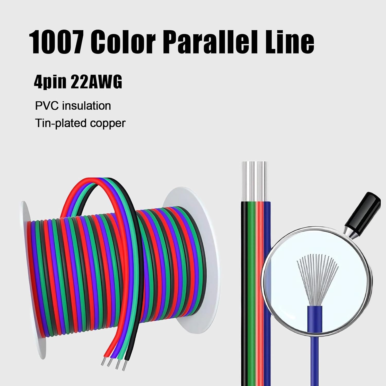 22/20/18 AWG 4 Conductor Extension Cable 4 Pin Tinned Copper Wire PVC Insulated 300V 80℃ for LED Strip Light Signal Power DIY Electrical Wiring(20AWG,100ft)