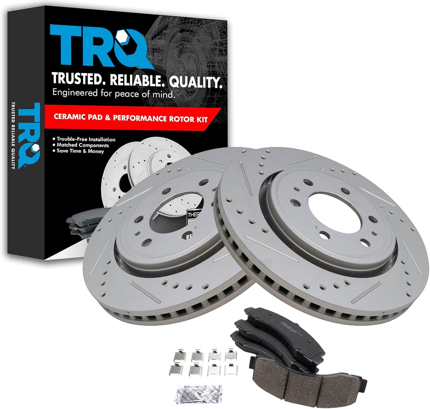 TRQ Front Performance Brake Pad & Rotor Kit Brake Pads Brake Rotors Set Ceramic Premium G-Coated Compatible with 2018-2020 Ford Expedition F-150 Lincoln Navigator