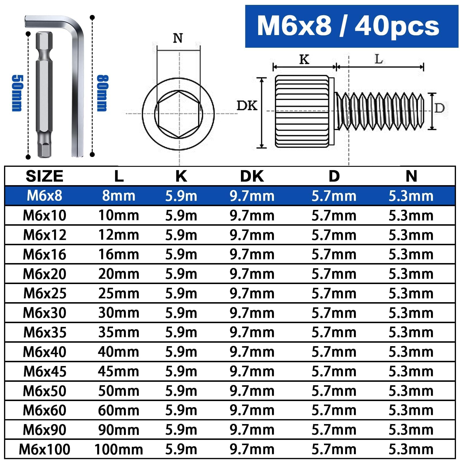 TXXATX 40 Pcs Allen Socket Head Cap Screws M6x8 mm Hex Bolts 304 Stainless Steel Cylinder Socket Screws DIN 912 /ISO 4762 Allen Key Bolts Fully Threaded Machine for Home Bicycle Furniture Repair - Image 2