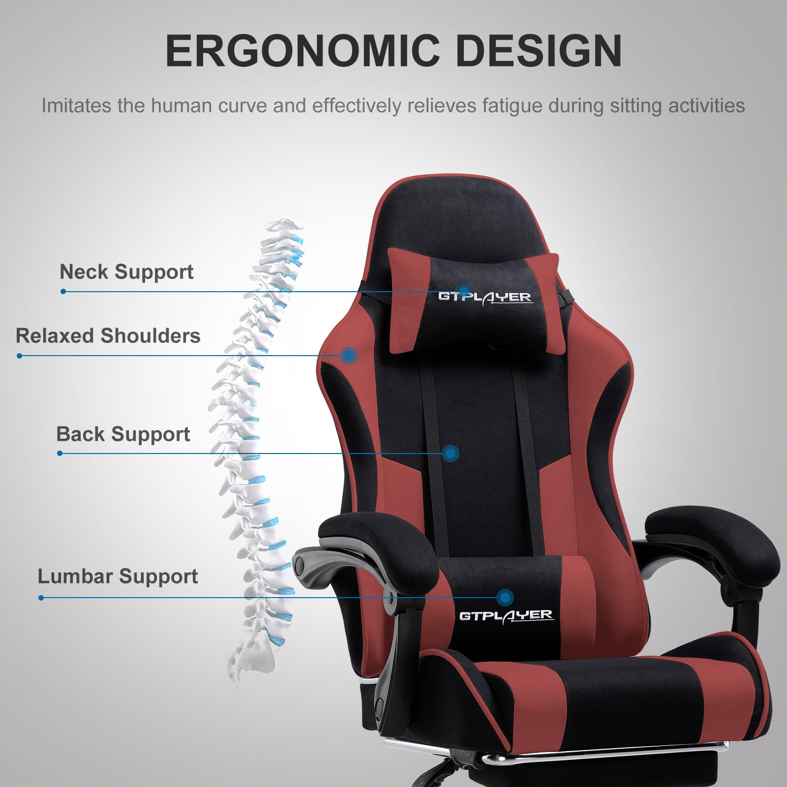 GTPLAYER Gaming Stuhl Stoff, Bürostuhl Massage Gaming Sessel Ergonomischer Gamer Stuhl mit Fußstütze, Kopfstütze Massage-Lendenkissen, Gepolstert Gaming Chair, Drehsessel, rot