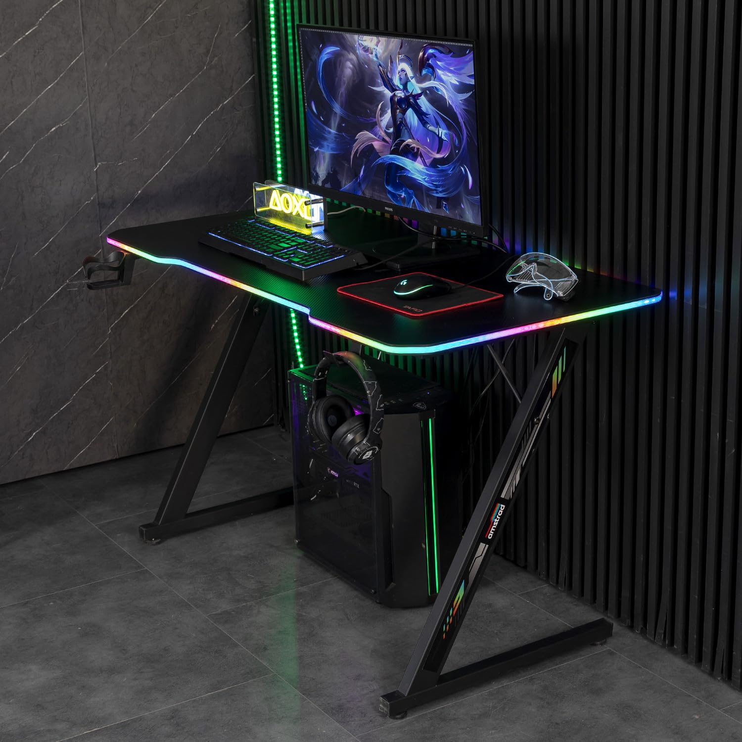 Amstrad DESK120Z-LED-AURORA Bureau Informatique Gamer avec retroéclairage RGB - Largeur 1m20 - Finition Carbone - Télécommande