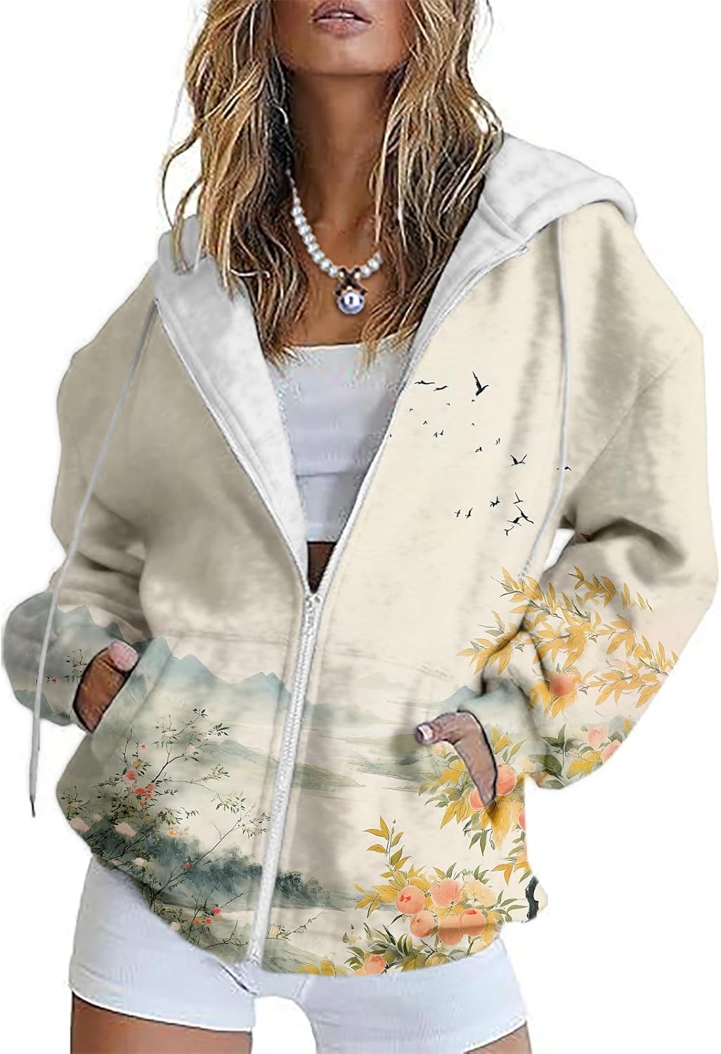 HOTYD Womens Oversized Hoodies Zip Up Fleece Floral Sweatshirt Casual Fall Long Sleeve Drawstring Hooded with Pockets