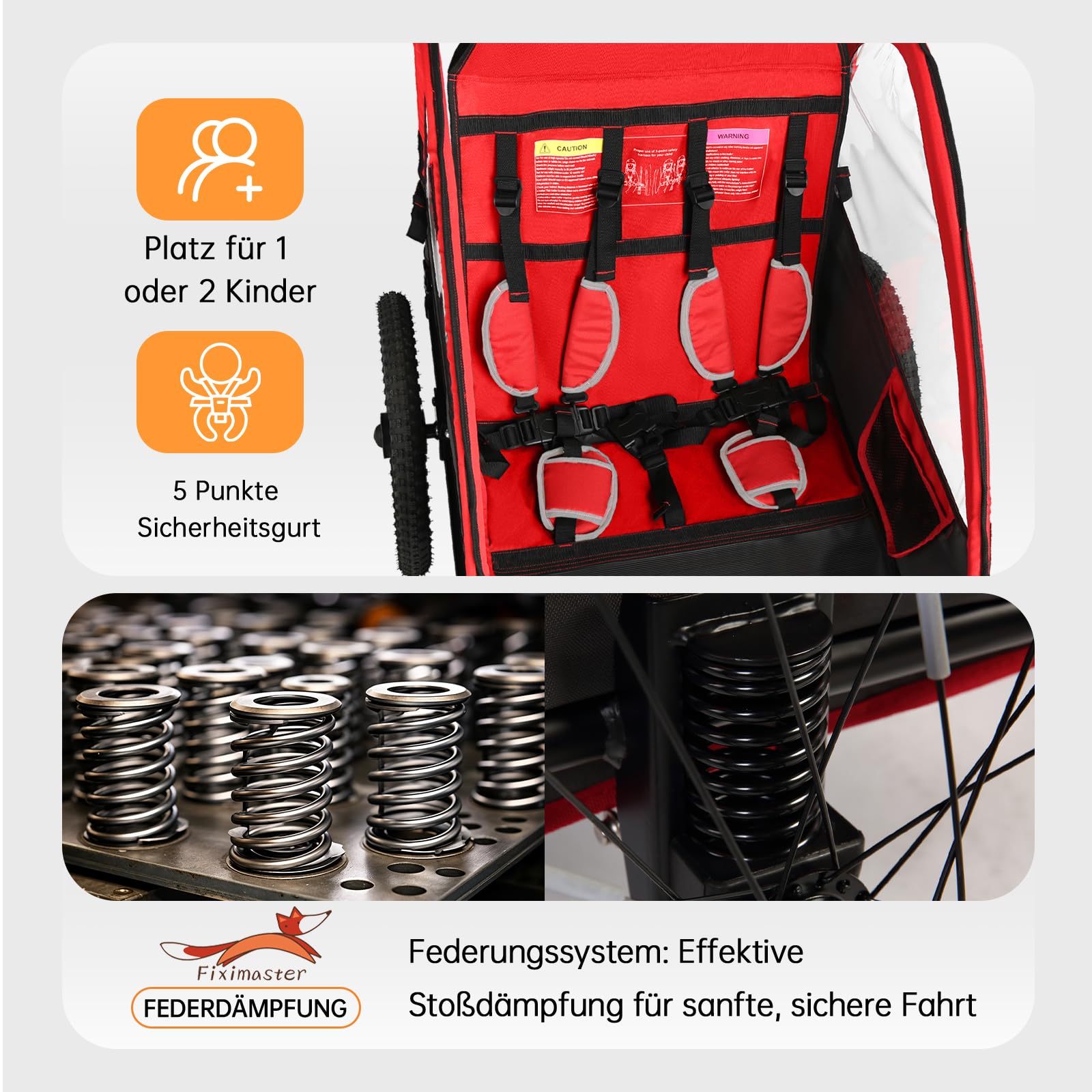 Rimorchio per bicicletta pieghevole 2 in 1 con sospensione per bambini 1-2 bambini, passeggino con grande spazio di archiviazione, funzione jogger, catarifrangenti