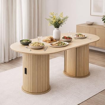 WestWood Dining Table With Leg Storage Cabinet, Wide Oval Tabletop Kitchen Table with Revolving Door and 3-Tier Shelves, Dining Table for Kitchen & Dining Room Natural