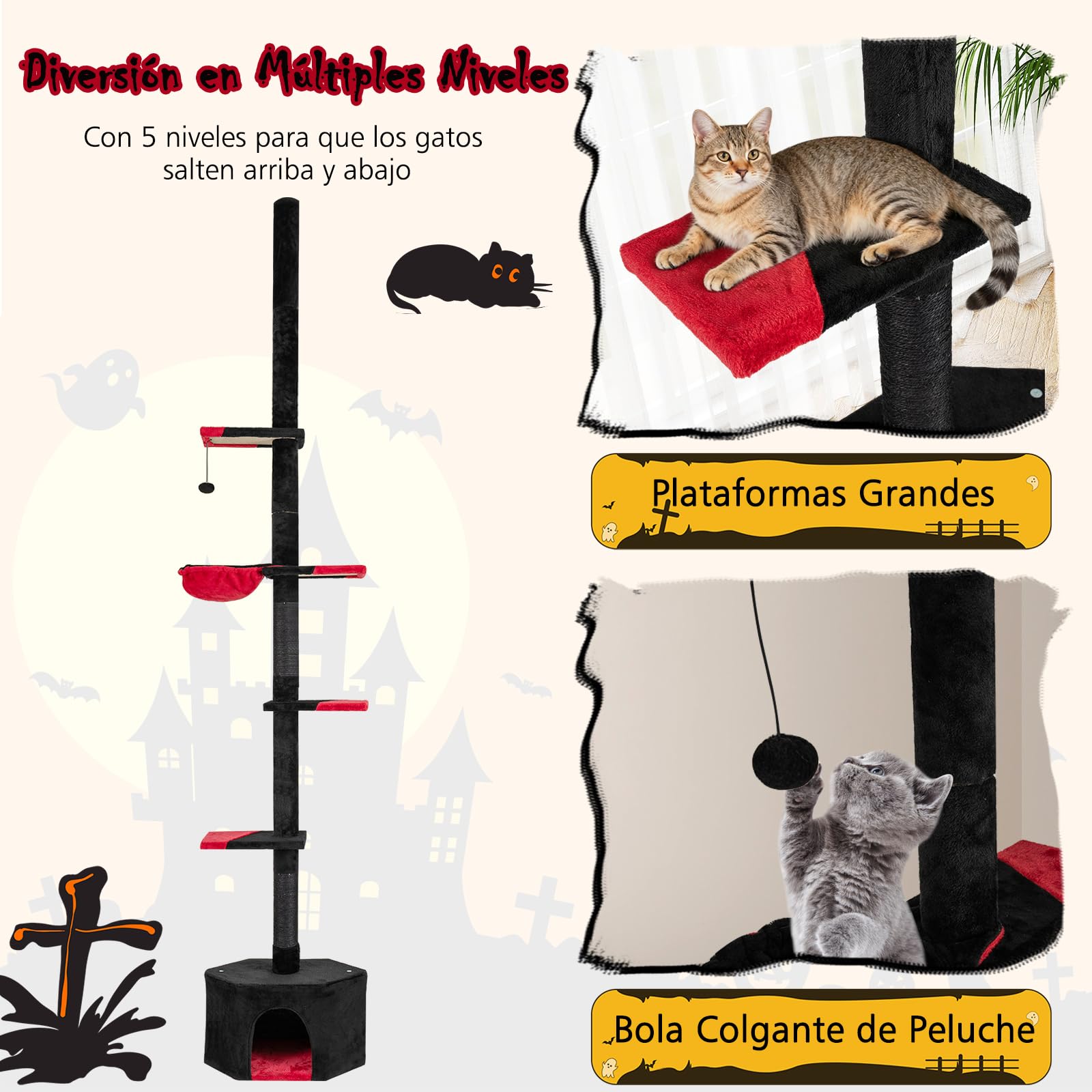 COSTWAY Árbol Rascador para Gatos Gótico de Suelo a Techo, Ajustable de 245-300 cm, Torre Alta de 5 Niveles con Caseta, Hamaca, Postes Rascadores de Sisal, Bola Colgante, Casa de Juegos para Gatitos