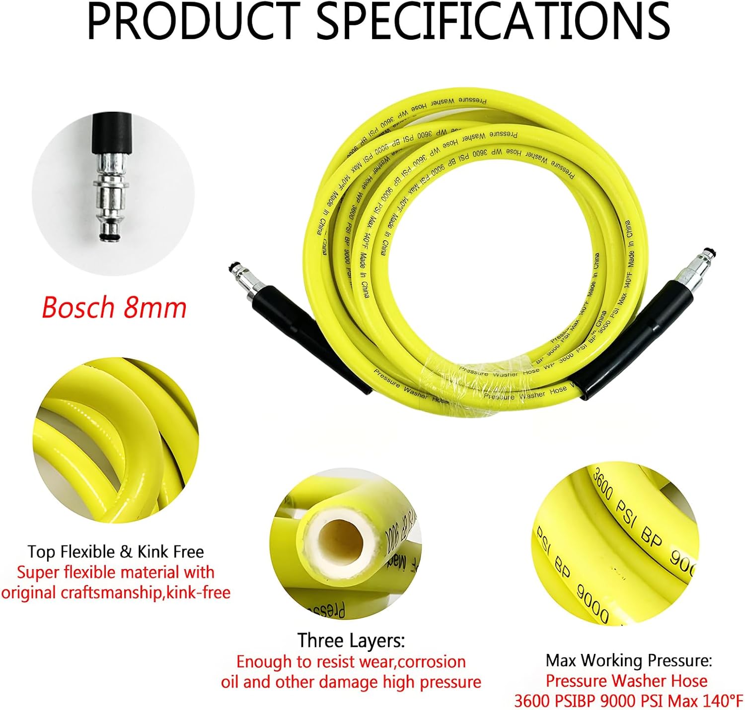 5800PSI/400Bar Ultra Flexible Pressure Washer Hose for Bosch Home Cleaning, 5M-30M High Pressure Extension Tube with Quick-Connect Adapter,(Red/Blue/Yellow/Green/Grey/Orange/Light Blue)(Yellow,95FT)