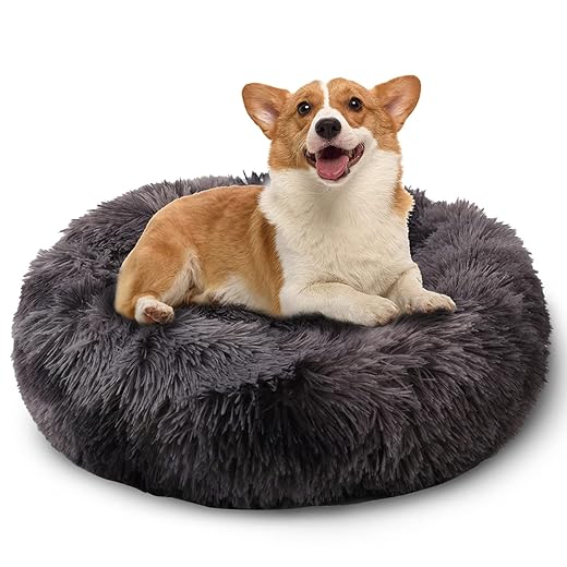 Luciphia Round Dog Cat Bed Donut Cuddler, Faux Fur Plush Pet Cushion for Large Medium Small Dogs, Self-Warming and Cozy for Improved Sleep Gradient Grey, Medium(23"x23")