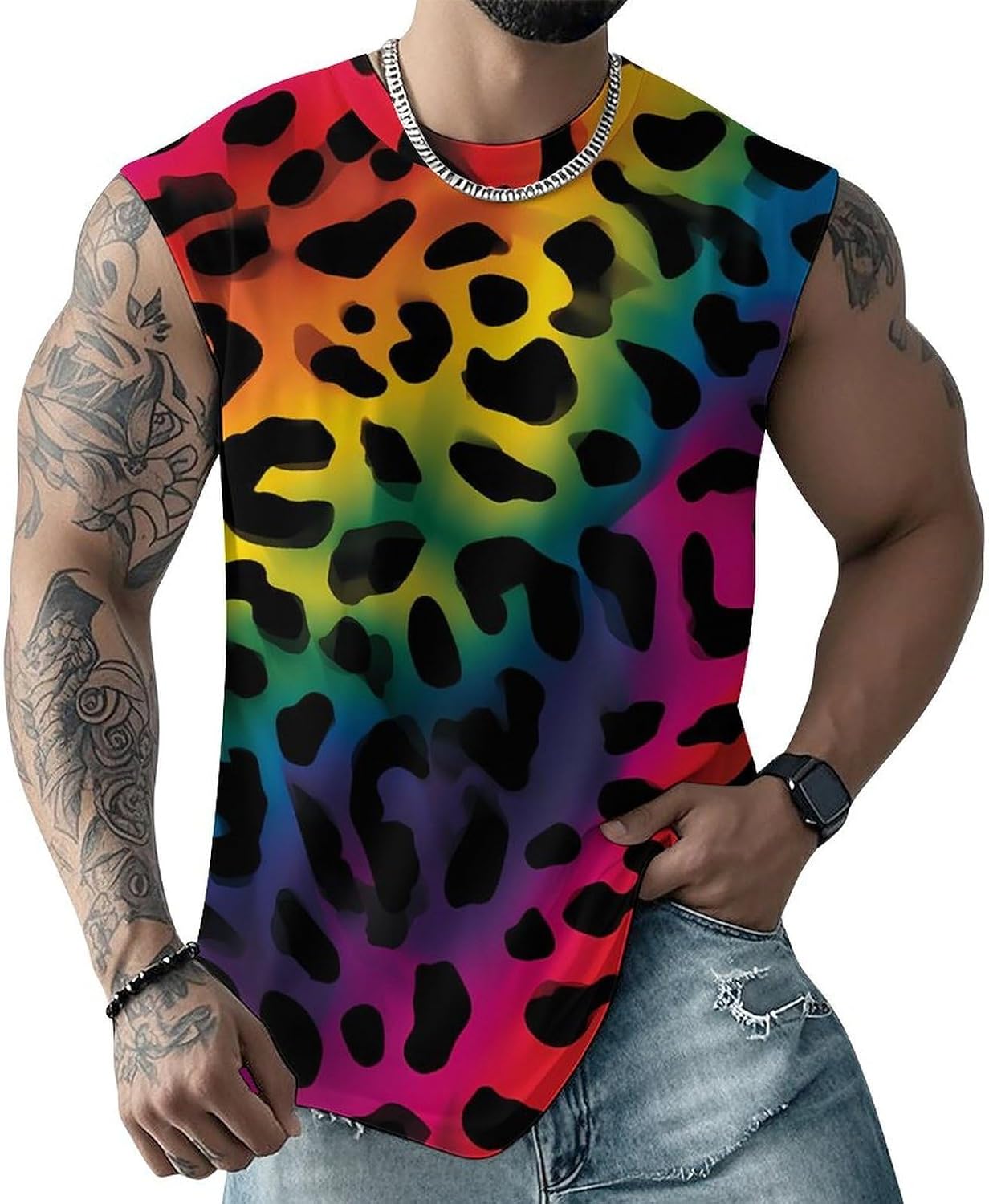 Rainbow Leopard Print Men Summer Sleeveless Crew Neck Top 5XL
