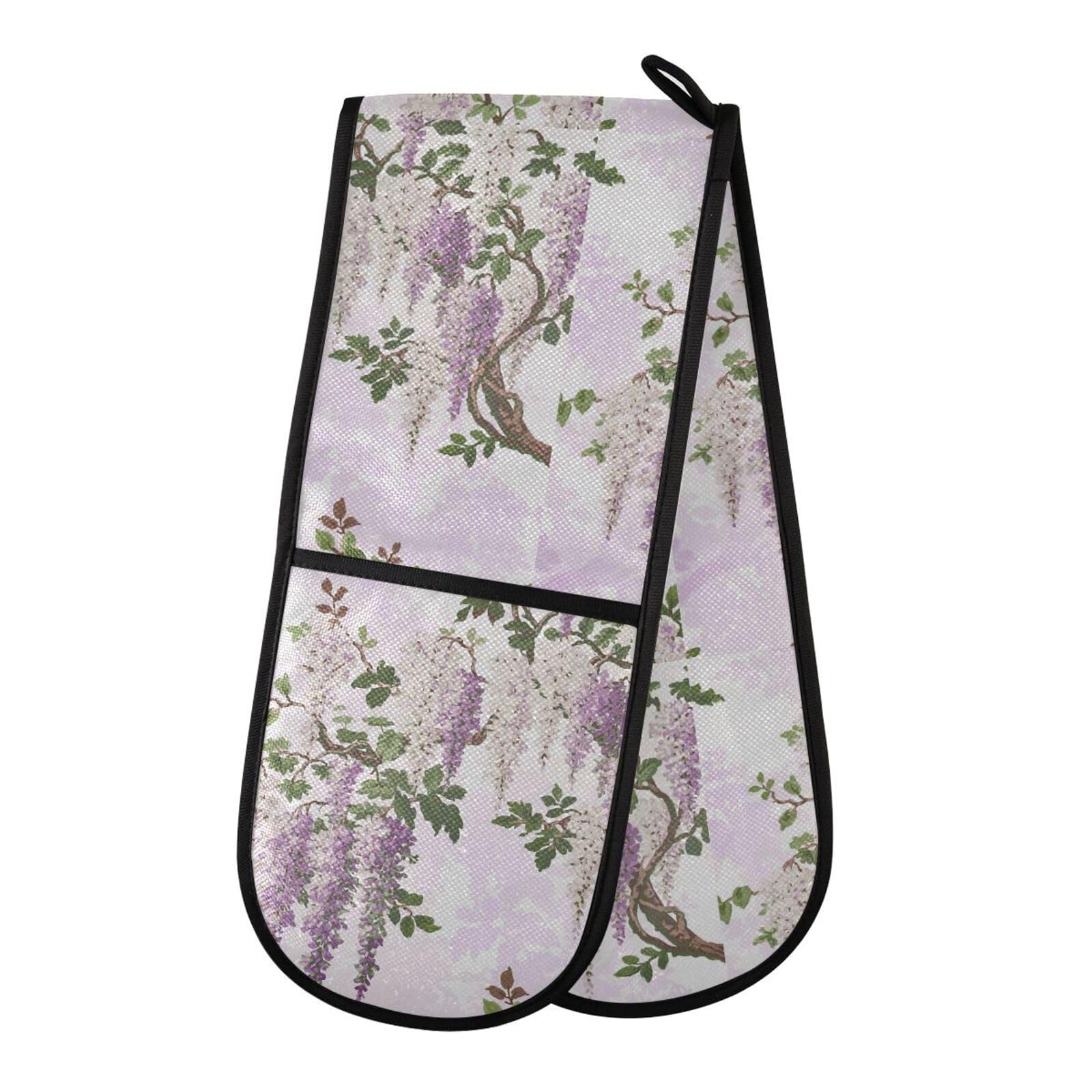 Double Oven Gloves Wisteria Lilac Tree Heat Resistant Pot Holder Oven Mitt Gloves for BBQ Cooking Baking Grilling Microwave