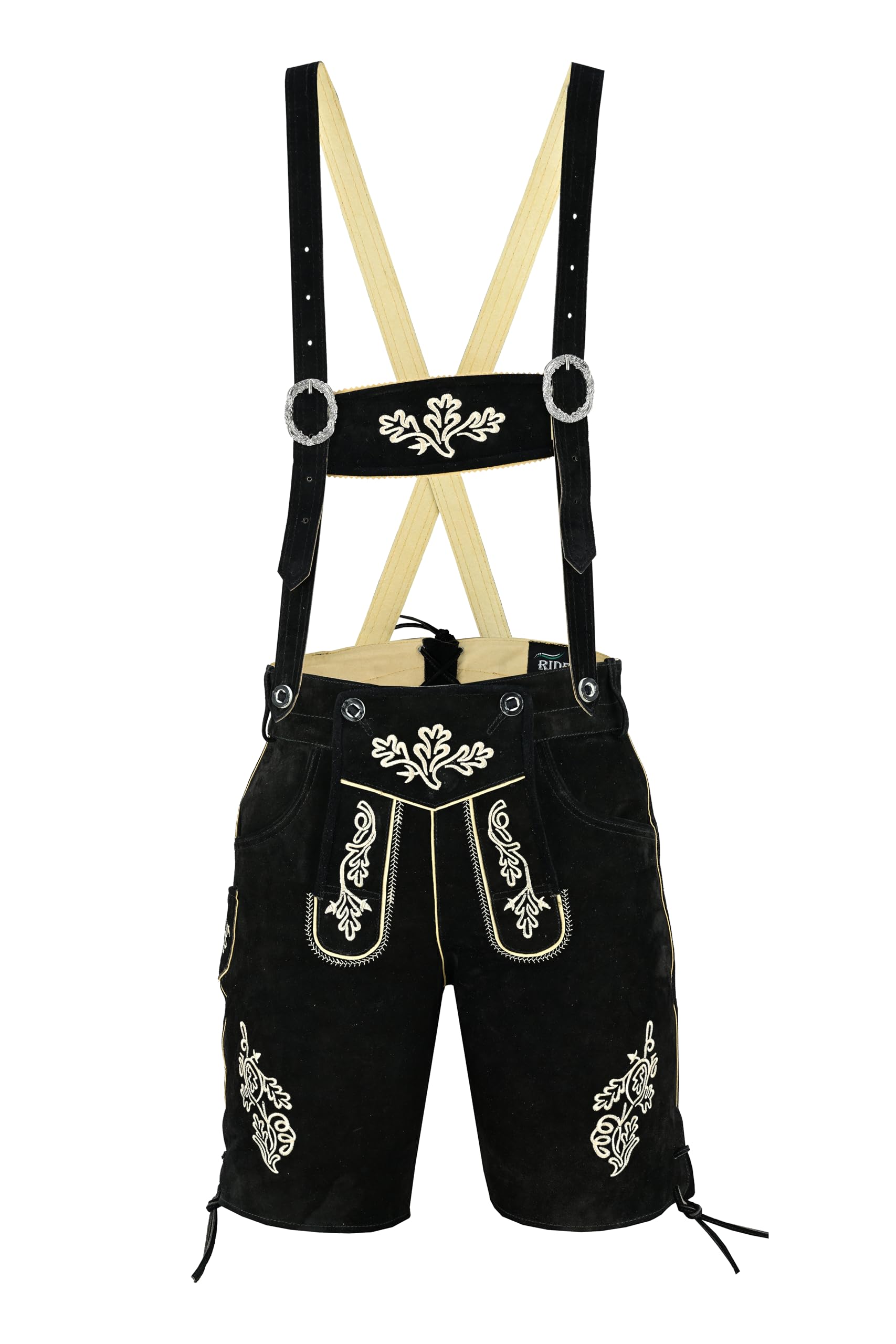 Faizi Fashion Men's Black Ridex Bavarian Lederhosen Cowhide Leather With Matching Suspenders Short (38W)