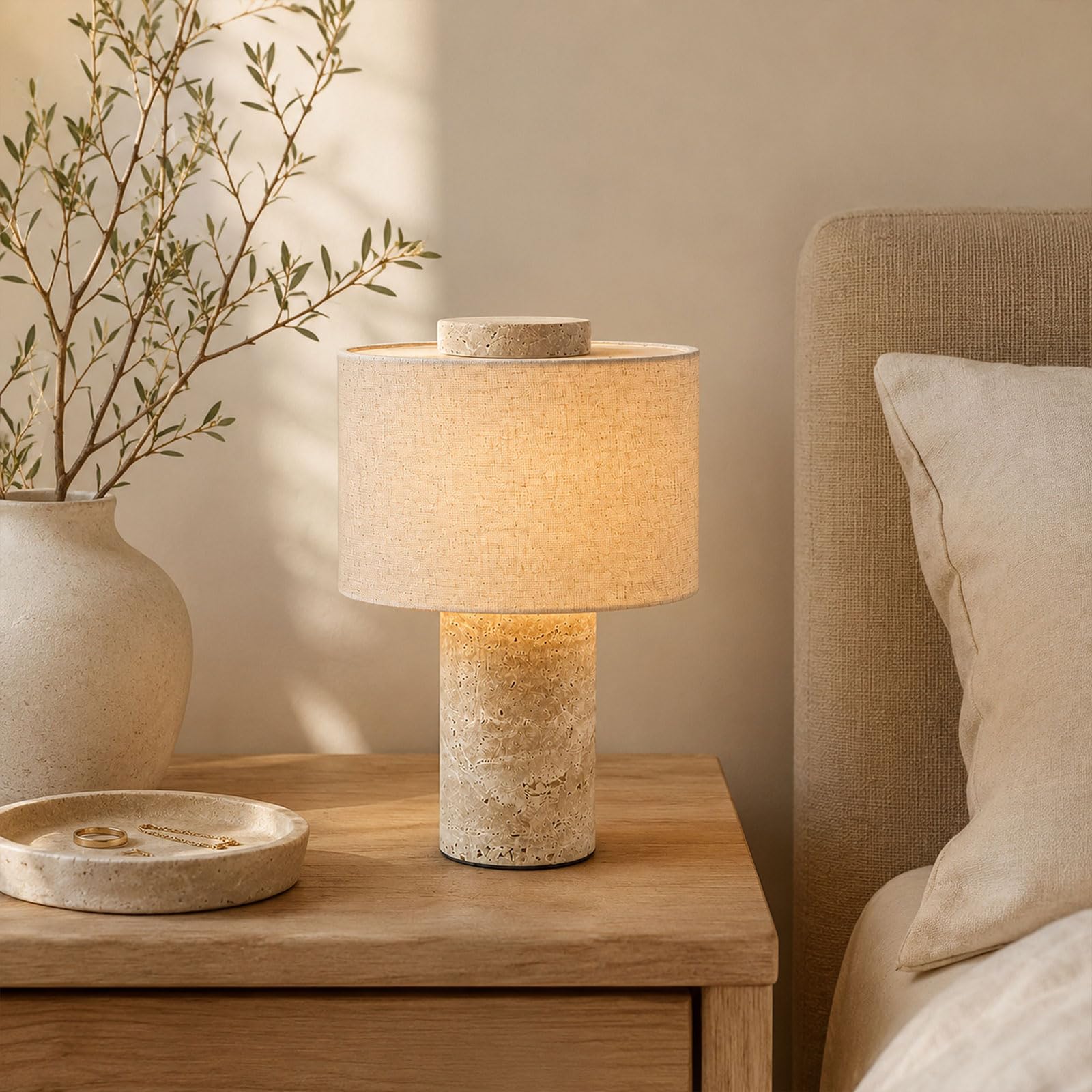 Lampada Da Tavolo In Travertino Wabi-Sabi 25 CM, Senza Fili, Ricaricabile Con Batteria 5200mAh, In Pietra Dimmerabile A Tocco, LED A 3 Temperature, Luce Notturna Color Lino Camera/soggiorno