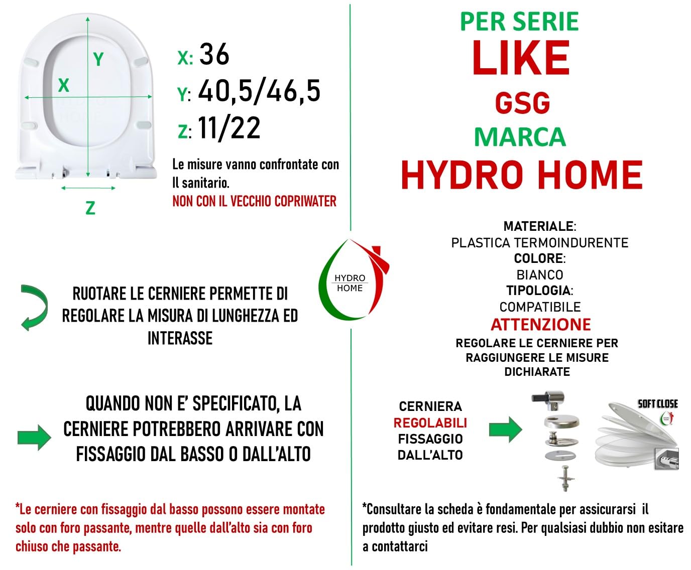 Copriwater compatibile con Like GSG fissaggio dall'alto Soft Close e Sgancio Rapido termoindurente bianco by HYDRO HOME