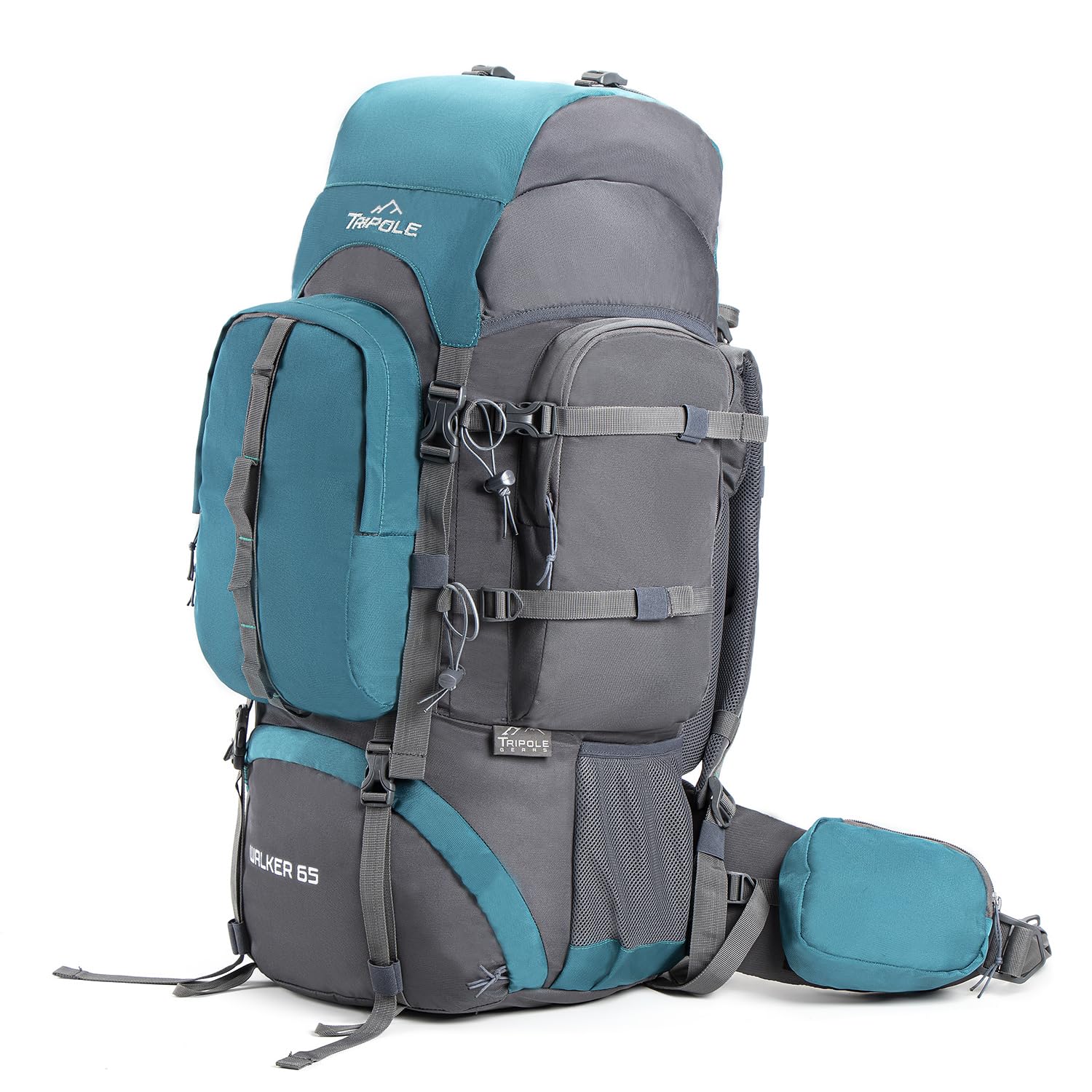 Tripole Walker Zaino Trekking 65 Litri per Uomo e Donna con Telaio Interno e Parapioggia – Zaino con Scomparto Laptop 17", Zaino da Campeggio e Viaggio, Verde Mare