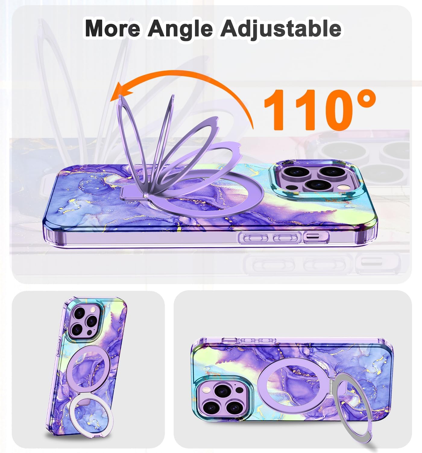Lamcase for iPhone 14 Pro Max Case with Magnetic Invisible Ring Stand [Compatible with MagSafe], Full Body Rugged Slim Women Men Girl Shockproof Marble Pattern Design Case, Violet - Image 4