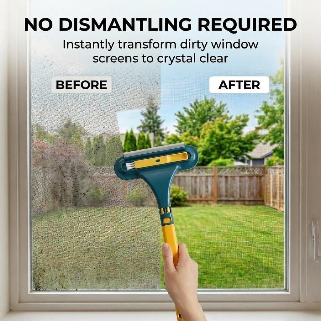 Window Screen Cleaning Brush, 2 in 1 Screen Cleaner Tool with Squeegee, Multi-Purpose for Patio, Door, Porch Screens (Yellow) image 3