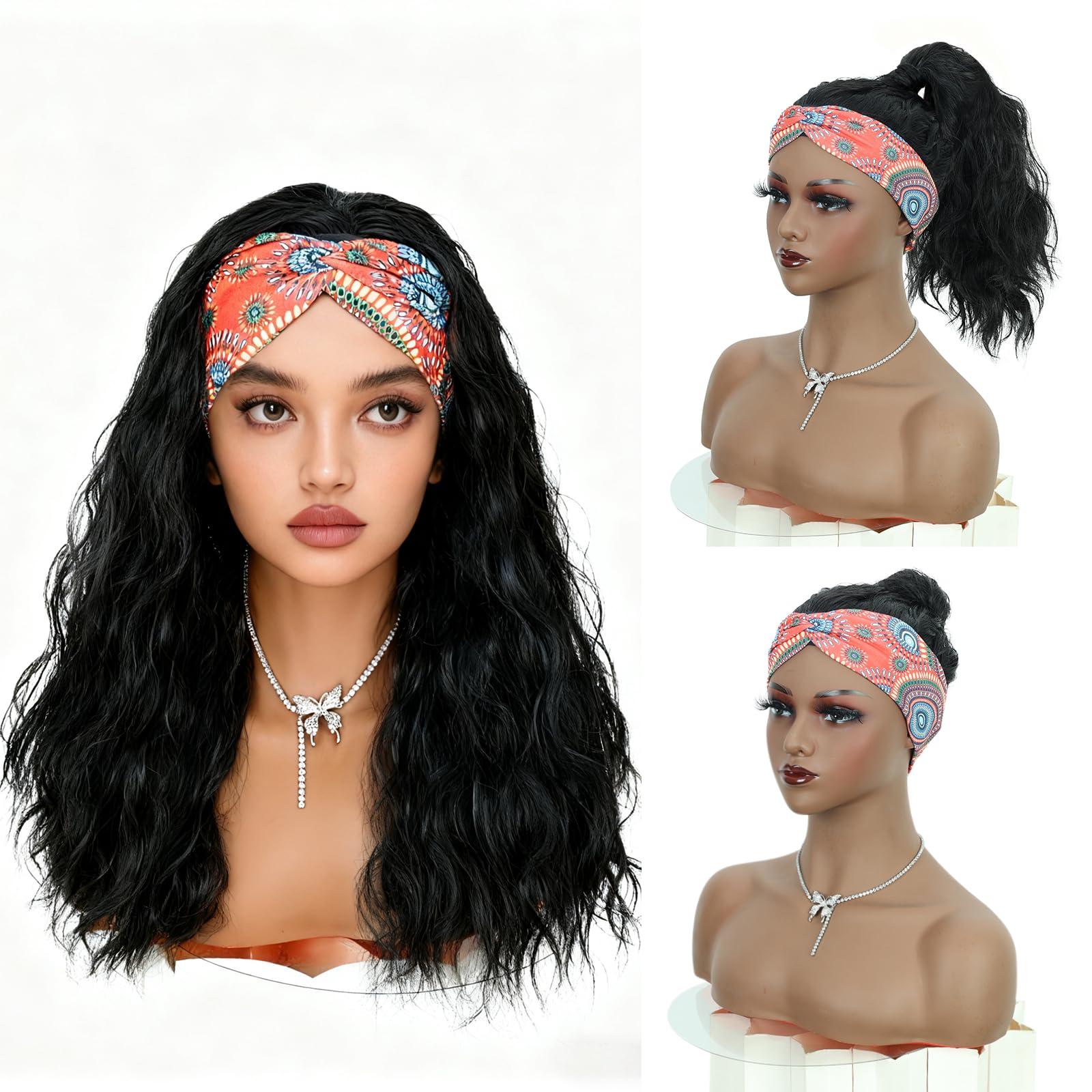 Creamily Long Black Curly Headband Wig for Women,Wavy Synthetic Hair Wig with Headband, Glueless None Lace Front Wigs,Hair Wigs for Woman Full Head(Black, 20 Inches) 1