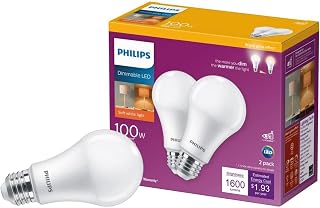 Philips LED Dimmable Warm Glow Effect A19, Flicker-Free, EyeComfort Technology, 1600 Lumen, 2200K-2700K, 16W=100W, E26 Base, Title 20 Certified - 2 Bulbs