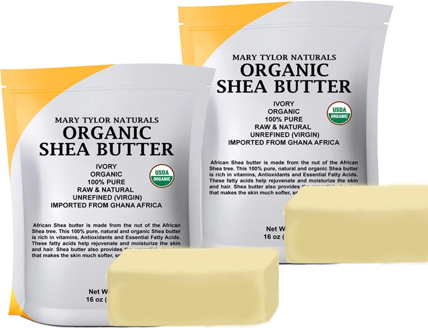 Organic Shea butter 2 lb — USDA Certified by Mary Tylor Naturals — Raw, Unrefined, Ivory From Ghana Africa — Great for Hair, Skin and DIY projects