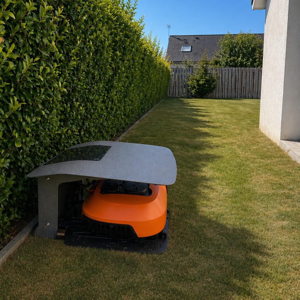 Abri Robot Tondeuse Chargement Latéral & Frontal – Robot Protect SIDE | Protection Pluie UV Grêle | Compatible ALKO KRESS WORX Husqvarna Gardena | Fabriqué en Europe | 62×70×33 cm | Toit Ouvrant