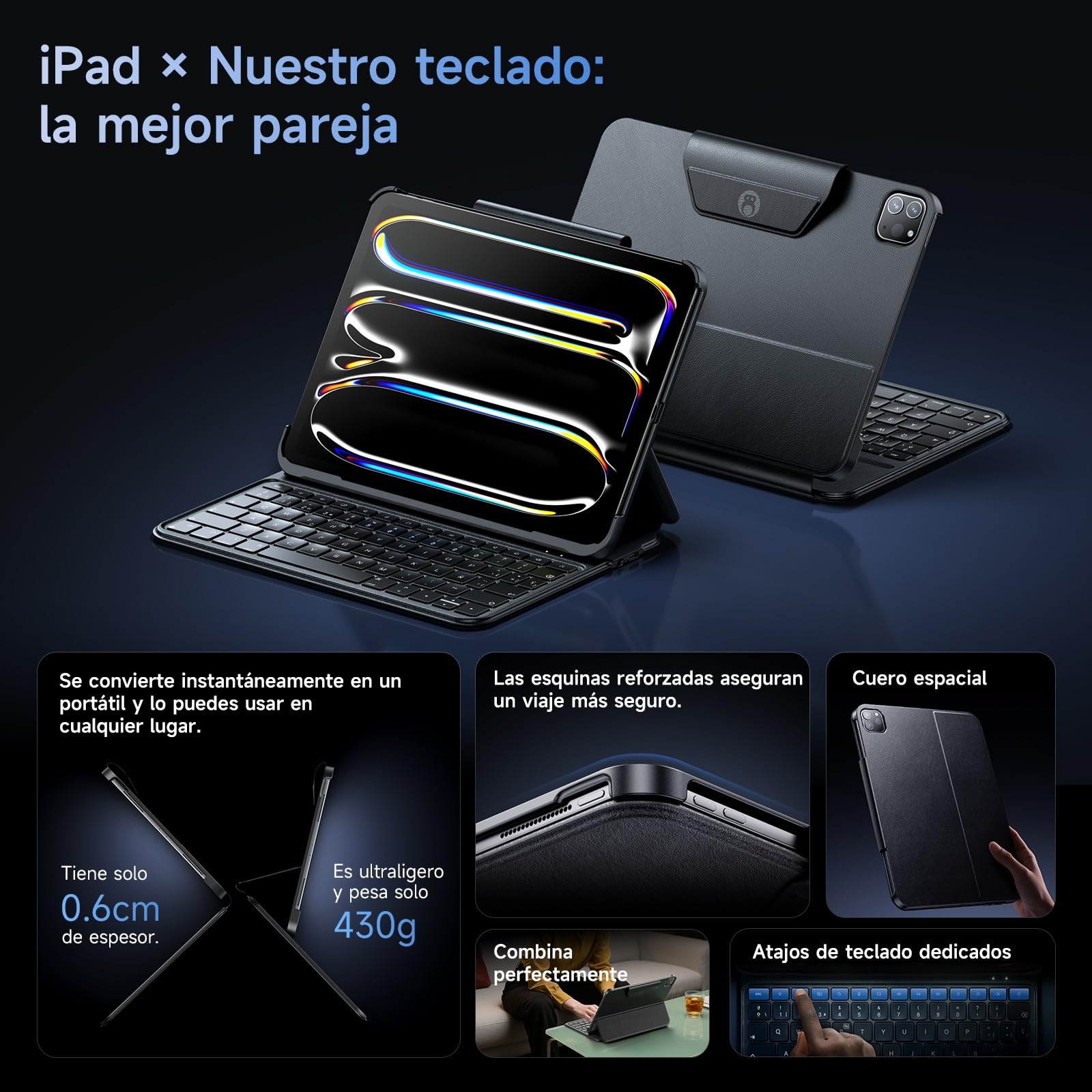 HOU Funda con Teclado para iPad Air 11", Air 5/4, Pro 11", Ultraligera 430g | Esquinas Reforzadas, Estructura Hueca Disipadora de Calor, Teclado con Letra Ñ, Diseño Portátil, Negro