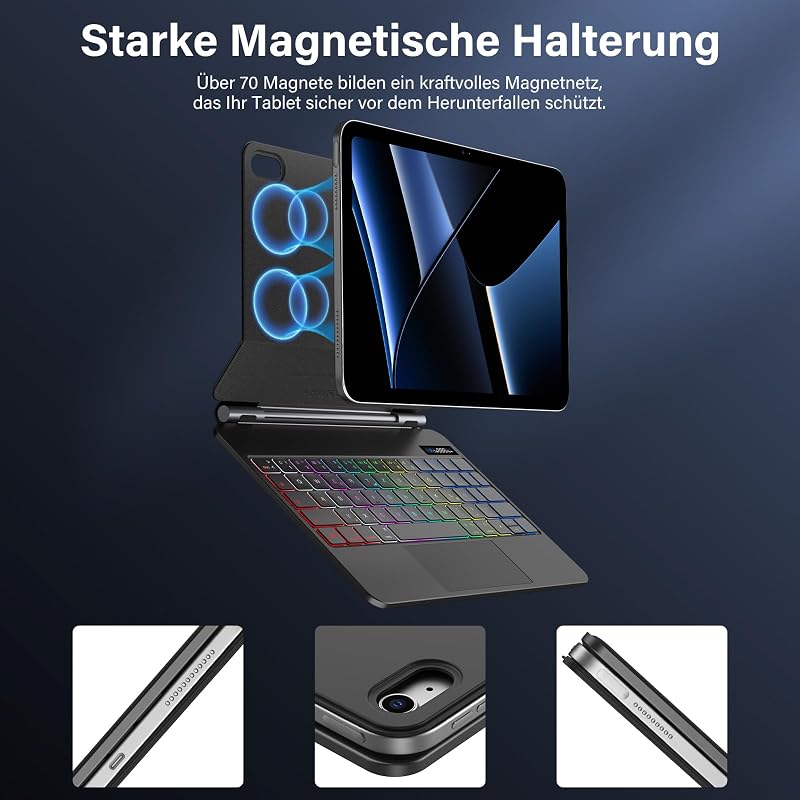 Husă magnetică SZO pentru iPad cu tastatură și touchpad, Bluetooth, iluminare LED în 7 culori, suport pliabil, iPad 10.9 și 11 2025, negru