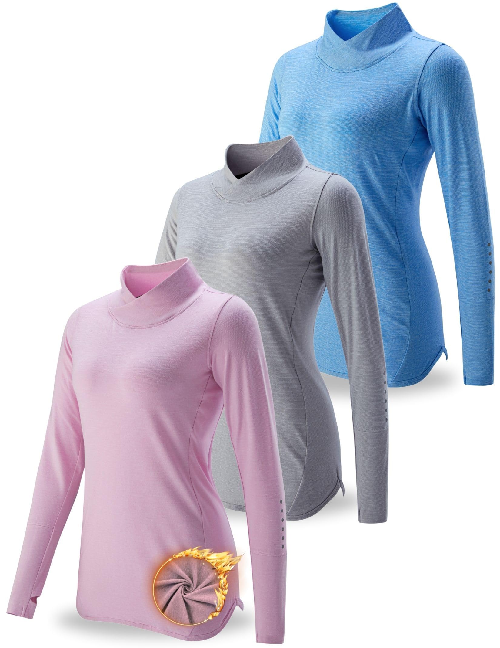 Paquete de 3 camisetas térmicas de forro polar para mujer, manga larga, cuello alto, para correr, entrenamiento, clima frío