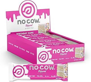 No Cow Dipped High Protein Bars, Birthday Cake 20g Plant Based Vegan Protein Snacks, Keto Friendly, Low Sugar, Low Carb, Low Calorie, Gluten Free, Naturally Sweetened, Dairy Free, Non GMO, Kosher, 12 Pack