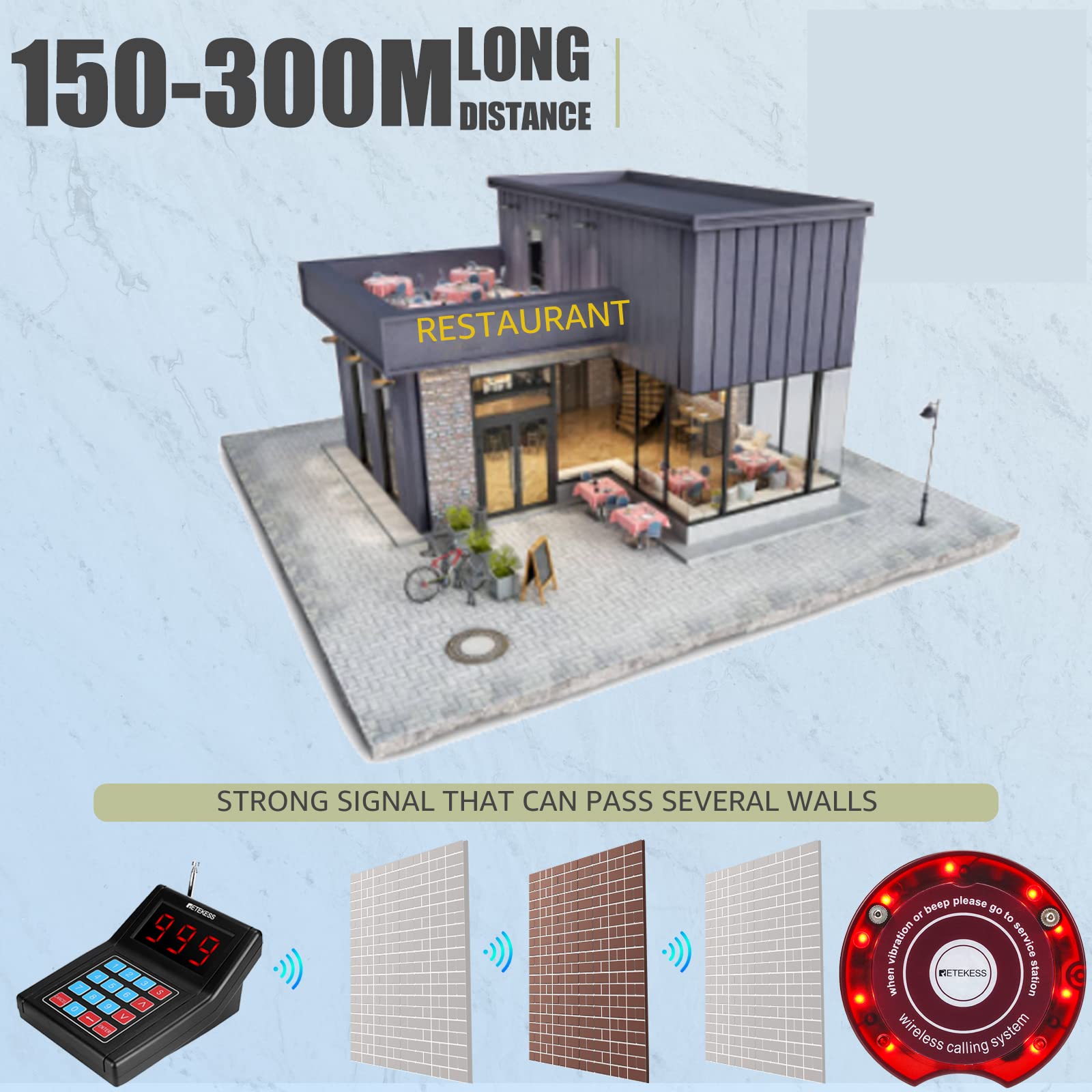 Retekess TD165 Cercapersone Ristorante Wireless, 300M 999 Canali Pager Ristorante, 3 Modalità di Chiamata, Indicatore di Batteria Scarica, Chiama persone Ristorante, Bar, Fabbrica, Clinica