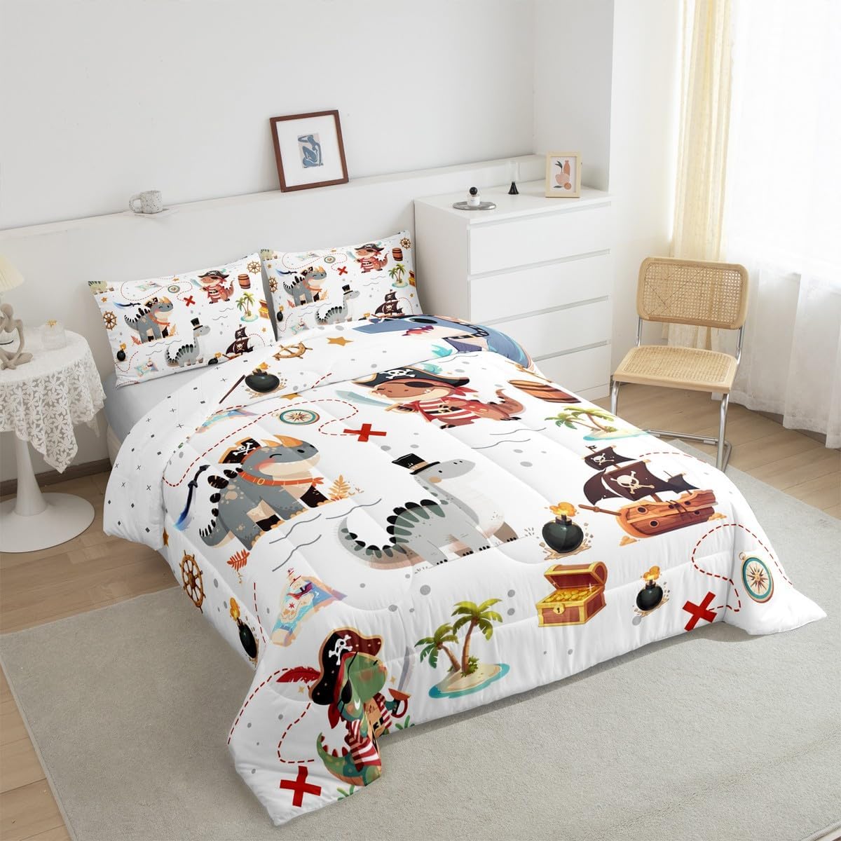 Homewish Pirate Dinosaur Kids Comforter Set Queen Size for Boys,Sea Nautical Map Theme Bedding Set 3Pcs,Child Teens Bedroom Decor,Cartoon Animals Quilt Set Ocean Adventure Duvet Insert,2 Pillowcases