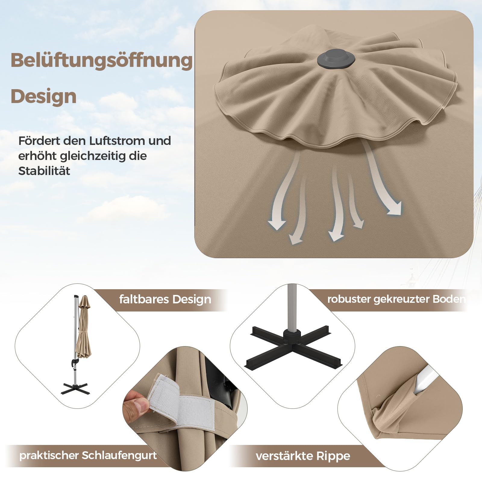 COSTWAY Parasol przeciwsłoneczny Ø 330 cm, z korbą, obracany o 360°, regulowany kąt nachylenia, UPF 50+, parasol ogrodowy, parasol tarasowy, do ogrodu, na taras, balkon, beżowy, 330 cm