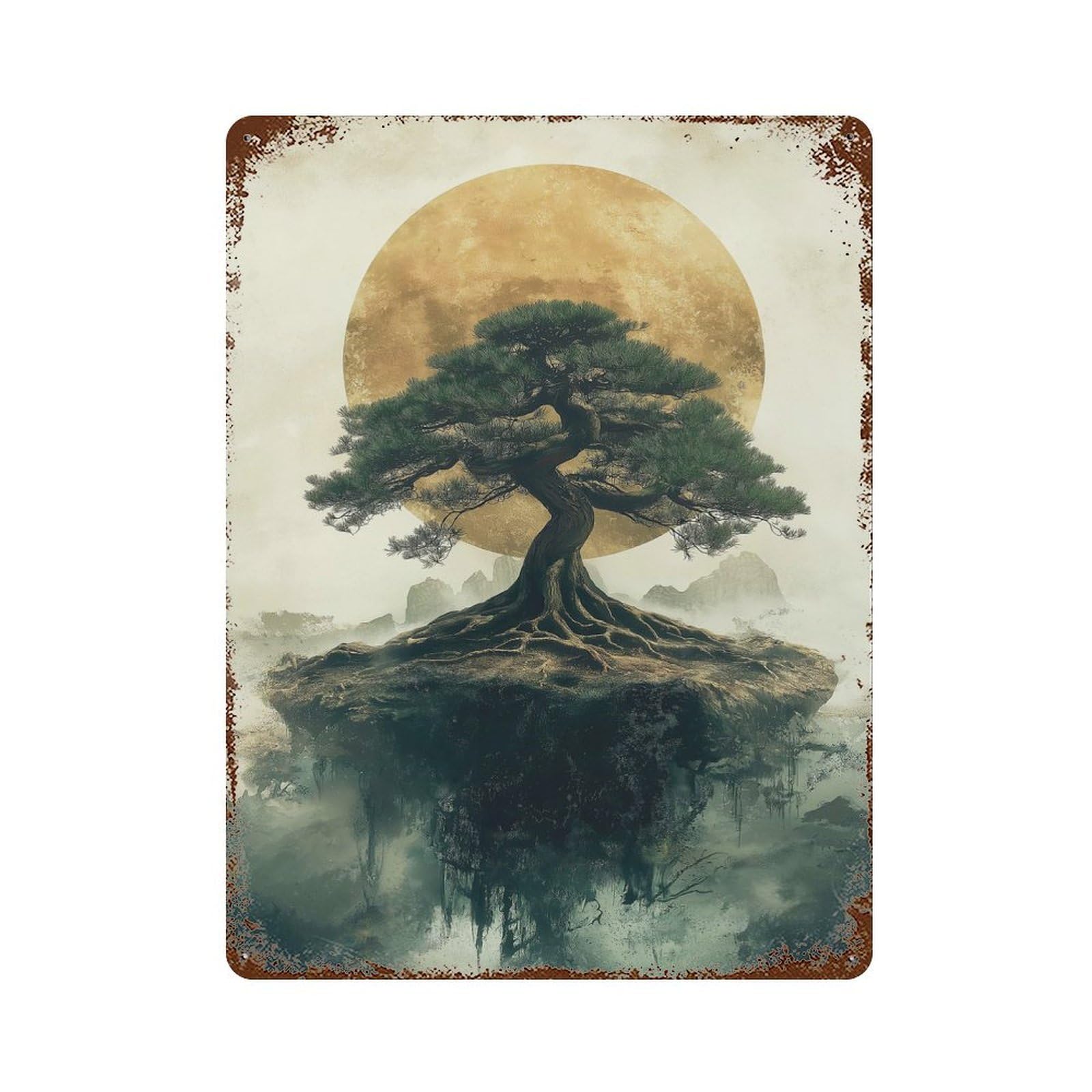 Rust Effect Bonsai Tree Moon Retro Metal Sign 15.7"x11.8", Farmhouse Wall Decor for Living Room, Hallway And Home Decor