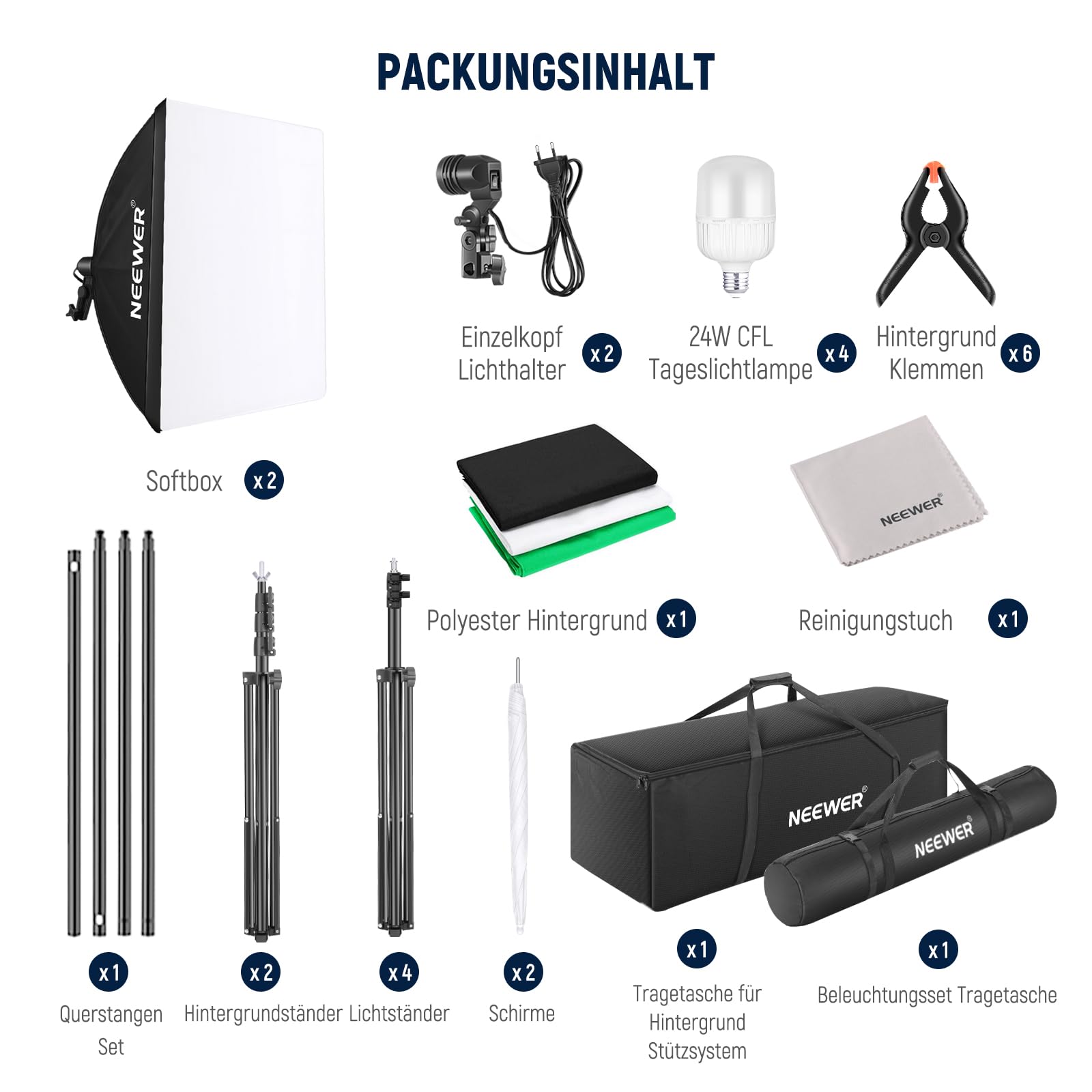 NEEWER Fotografie Dauerlicht Set mit Hintergründen, 2,6x3m Stative, 5700K, 800W, Äquivalent 24W LED Glühbirnen, Schirmen, Softboxen, Reinigungstuch, Fotostudio Leuchte Set für Videoaufnahmen Streaming