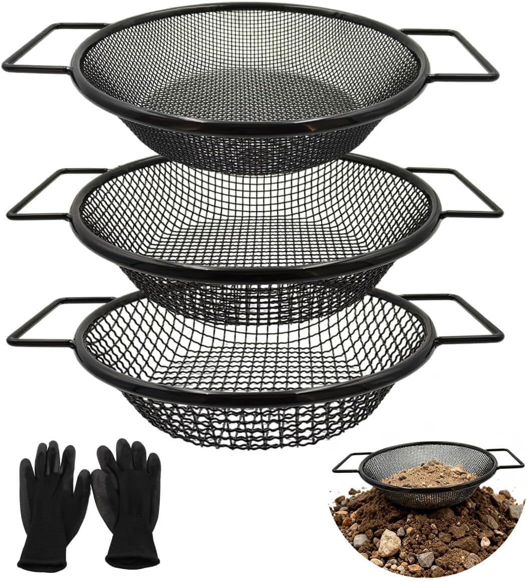 3Pcs Black Dirt Soil Sifter for Gardening - Multi Mesh Size Set (1/8",1/4",3/8") Heavy Duty Garden Sieve with Handles, Ideal for 5 Gallon Bucket Compost, Dirt, Sand, Gravel, Rocks & Sawdust Sifter