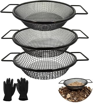 3Pcs Black Dirt Soil Sifter for Gardening - Multi Mesh Size Set 1/8",1/4",3/8" Heavy Duty Garden Sieve with Handles, Ideal for 5 Gallon Bucket Compost, Dirt, Sand, Gravel, Rocks & Sawdust Sifter