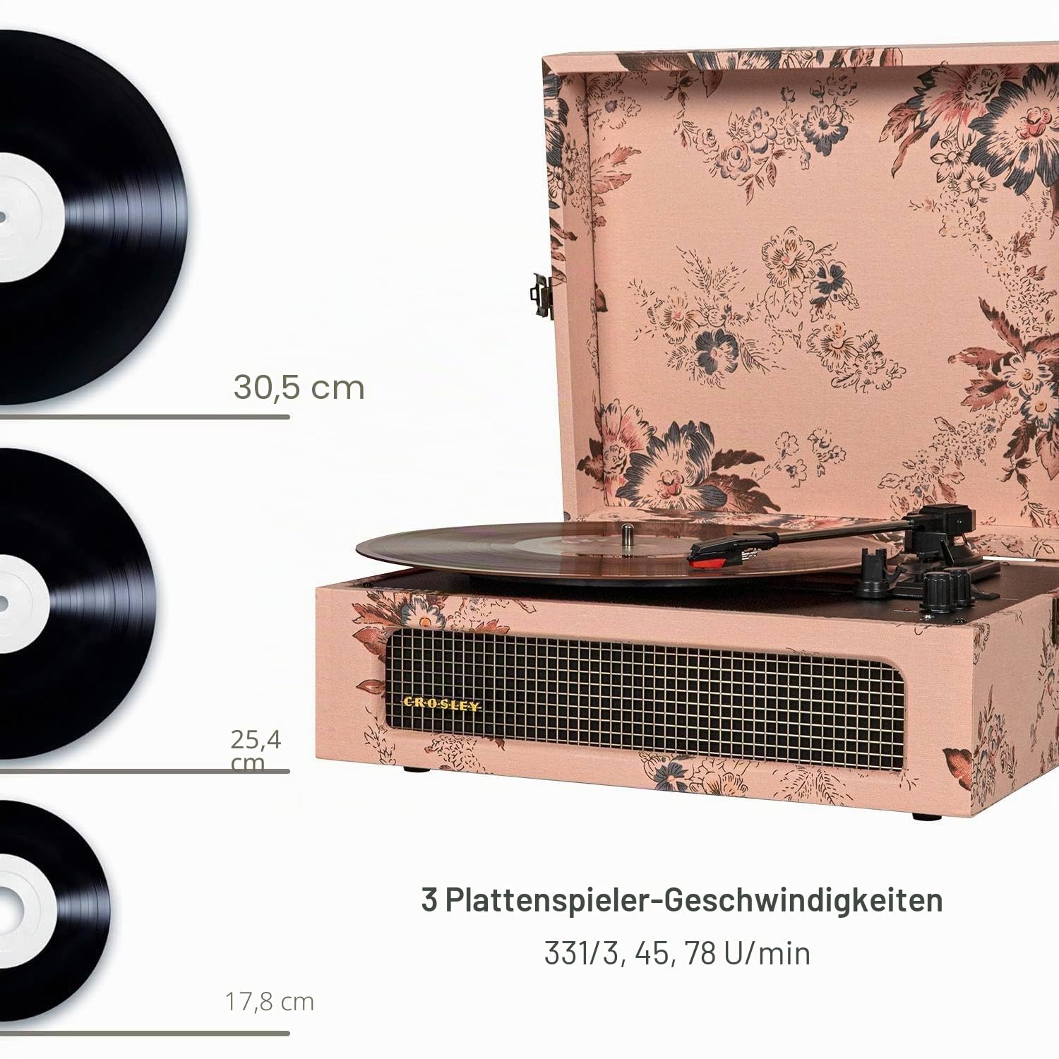 Crosley Voyager Plattenspieler mit 2 Lautsprecher, Bluetooth In & Out und AUX - 3 Speed Retro Schallplattenspieler - Für 7", 10" und 12" Vinyl - Tragbar mit Integriertem Koffer - Blumen