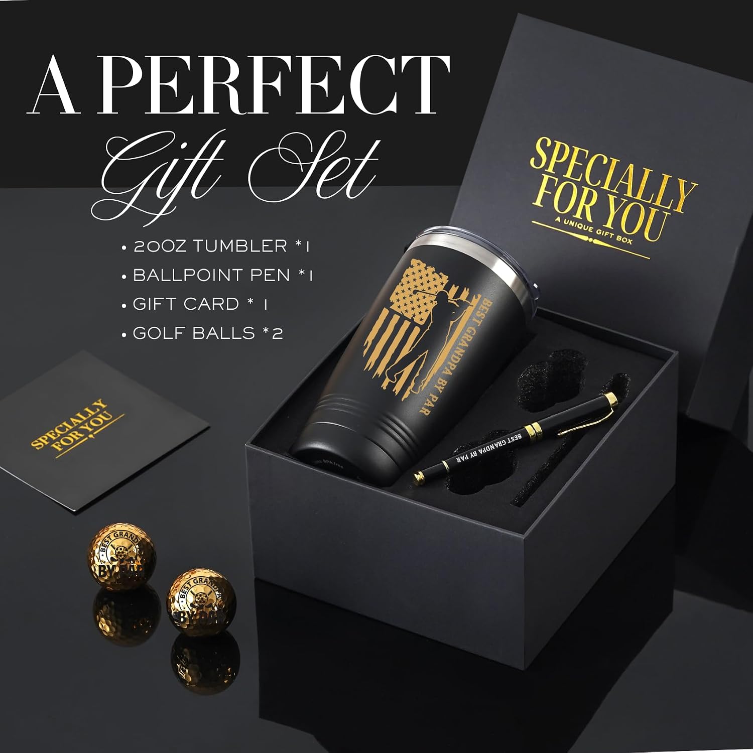 Onebttl Grandpa Gifts for Golf Lovers, Golfing Accessories Gifts with 20oz Tumbler, Golden Balls, Pen, Perfect Gifts Set for Golfers, for Father's Day, Birthday, Christmas - Grandpa Golf Gift