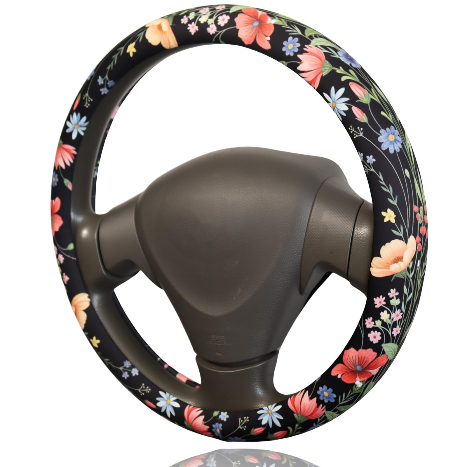 Watercolor Wildflower Steering Wheel Cover for 14.5-15 Inch (37-38 cm) Wheels, Premium Fabric with Non-Slip Rubber Inner Ring-image-37