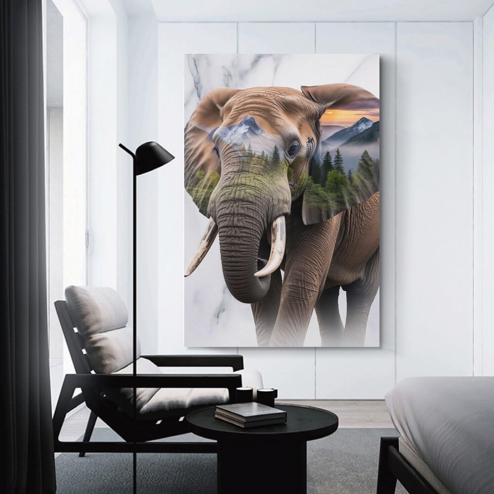Junmoney Elephant Nature Double Exposure Portrait Canvas Art Print, 20x30inch(50x75cm), for Wall Displays, Bedrooms Or Room Updates, Home Wall Art for Statement Displays