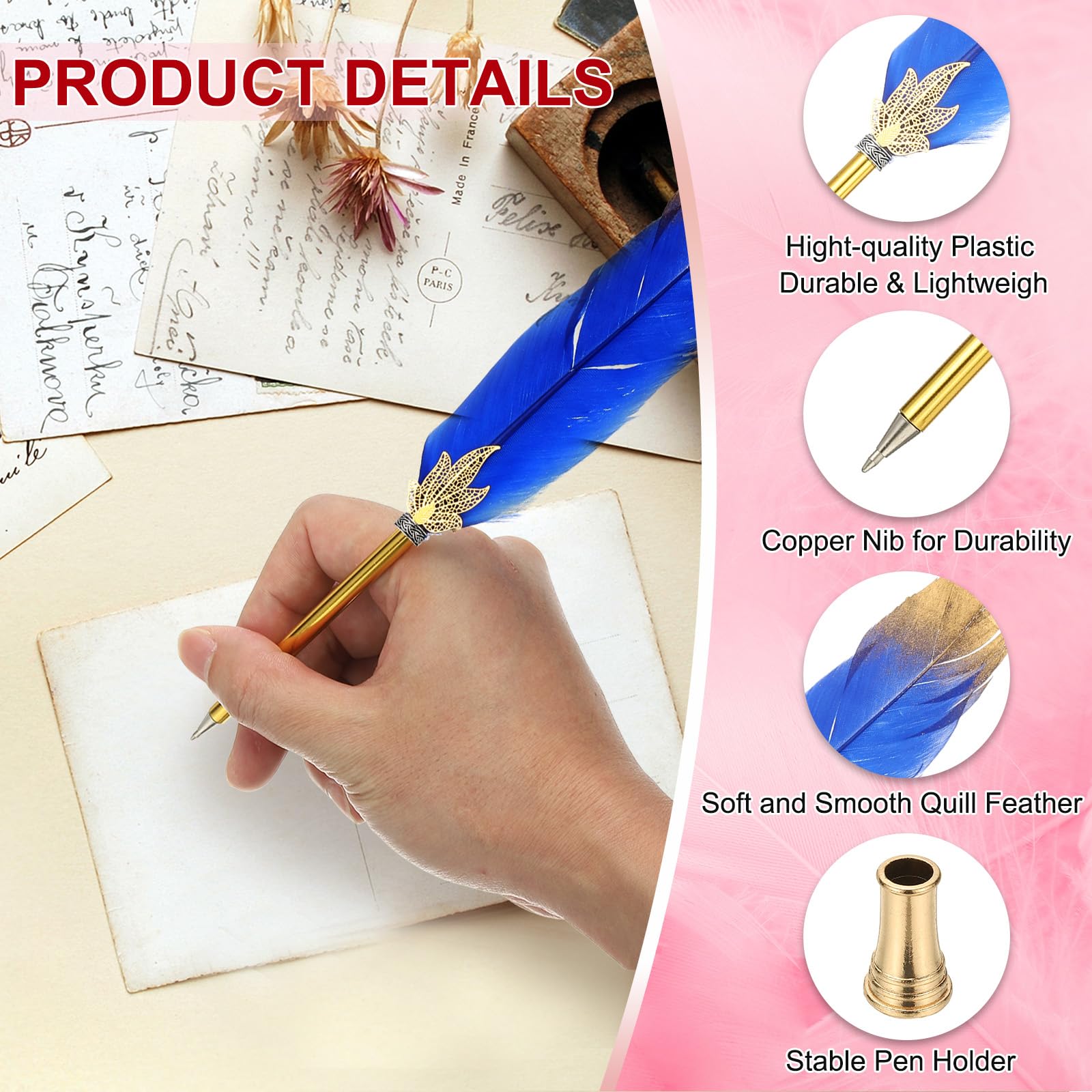 PATIKIL Feather Pen Quill, Feather Ballpoint Pen Bulk Refined Vintage Feather Calligraphy Pen with Golden Pen Holder for Guest Signature Wedding Bridal Office Writing, Dark Blue - Image 3