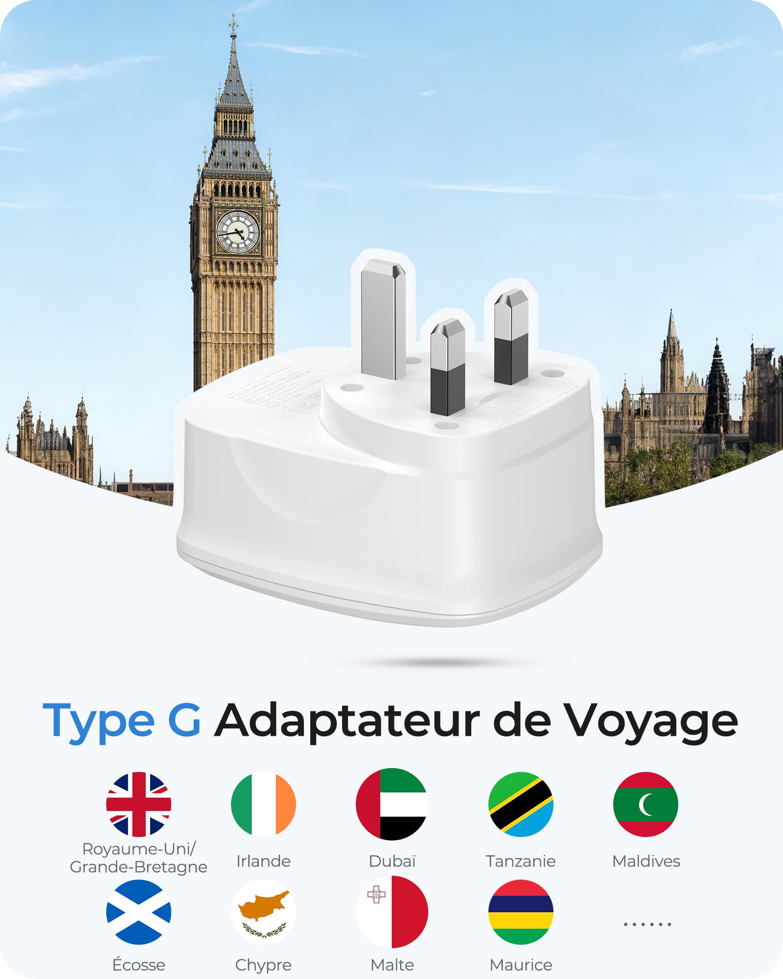 LENCENT Adaptateur Prise Anglaise UK Voyage 2 USB 2 Type-C FR vers GB 3 Broches Type G