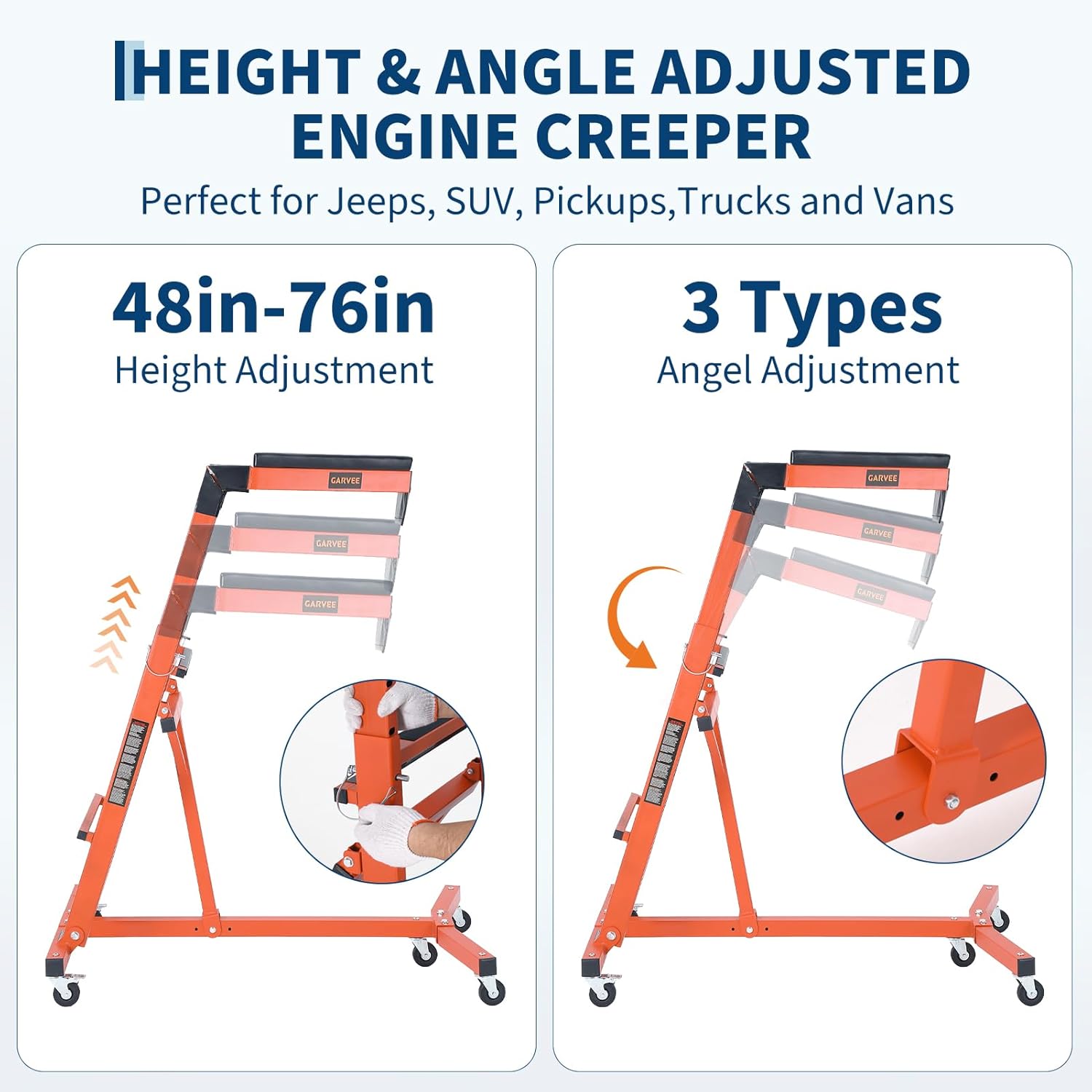 Garvee Automotive Engine Creeper-400LBS Foldable Mechanic Top Side Creeper for Car and Trucks,Adjustable Height 49-76in, Padded Deck,Engine Bay Repair Stand for Jeeps, Pickups and Lifted Vehicles
