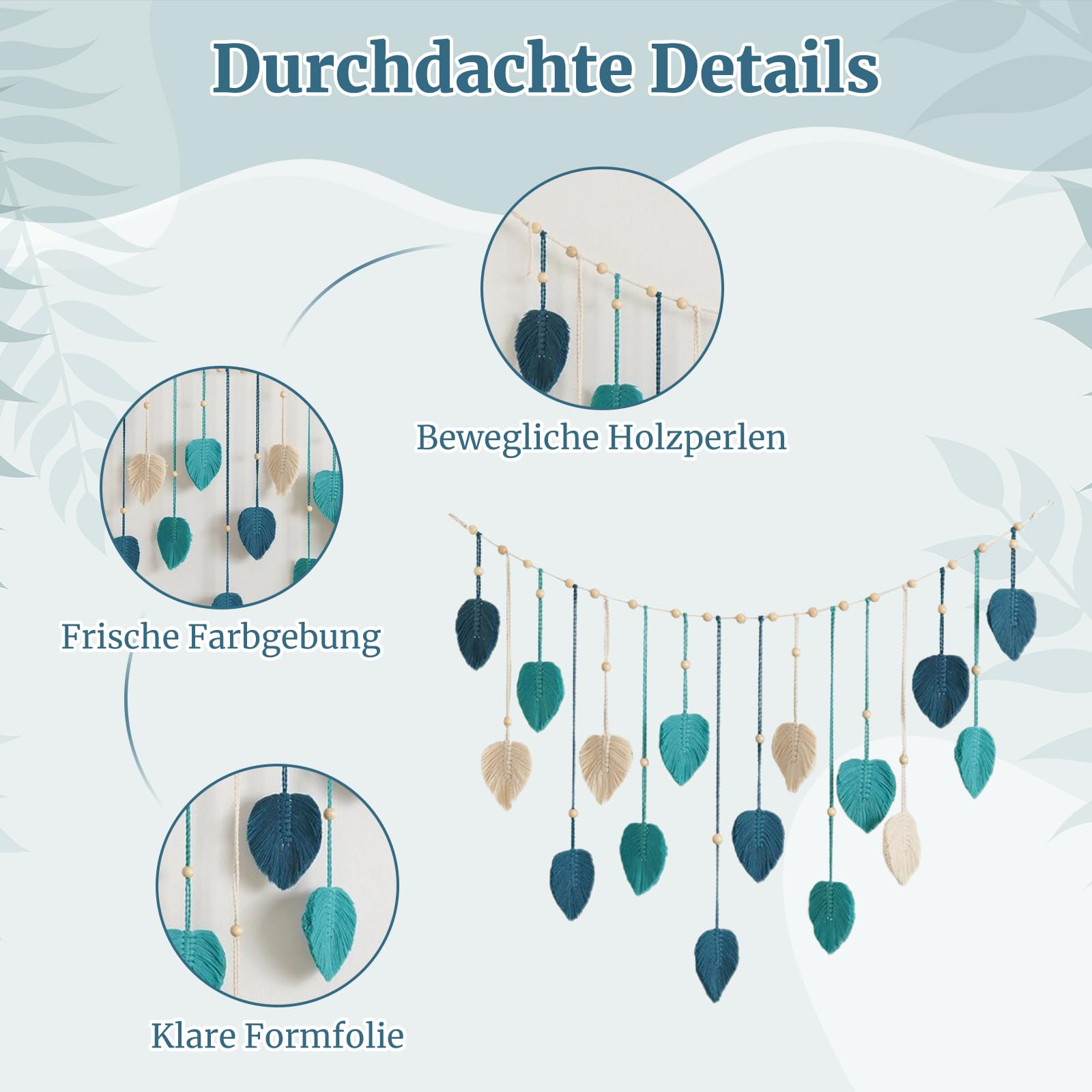 F Fityle Boho Makramee Wandbehang Blätter, Schicker Gewebte Wandteppich, Boho Wanddeko Quaste, Baumwolle Makramee Wandkunst für Wohnzimmer, Schlafzimmer, Büro, Hochzeit, Party Dekoration, Blau