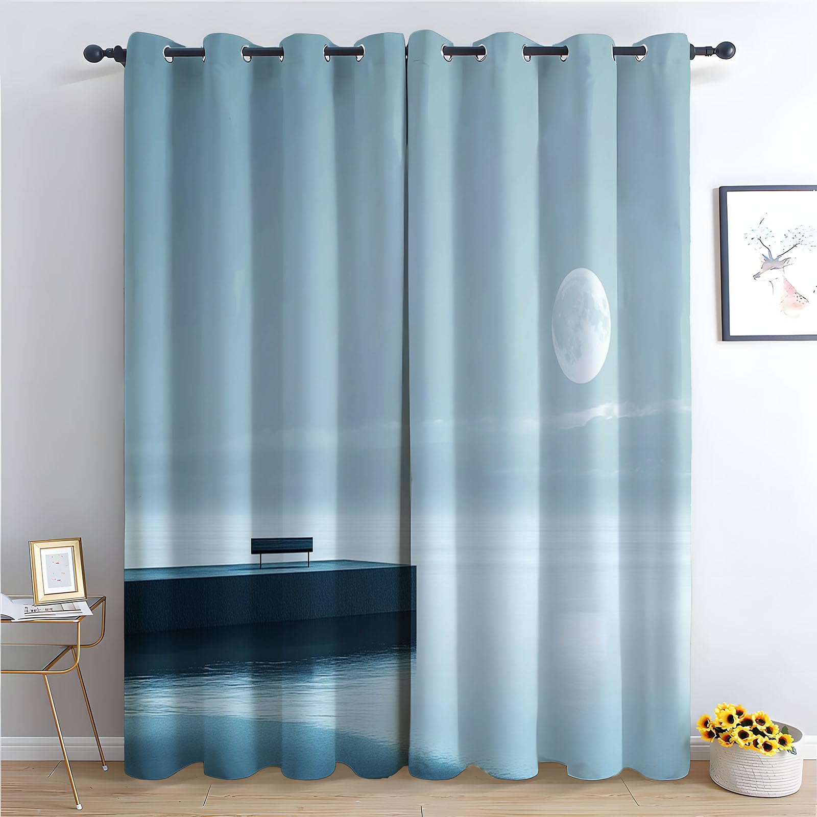 WIKEO Boho Green Floral Blackout Curtains Sunset Beach Scenery Bedroom Drop Eyelet Drapes for Living Room, Thermal Insulated Window Curtain Panels 2 Panels-52 W x 96" L (Pack of 2)