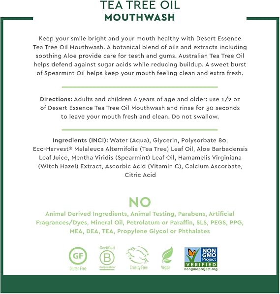 Desert Essence Tea Tree Oil Alcohol-Free Mouthwash, Spearmint, 8oz