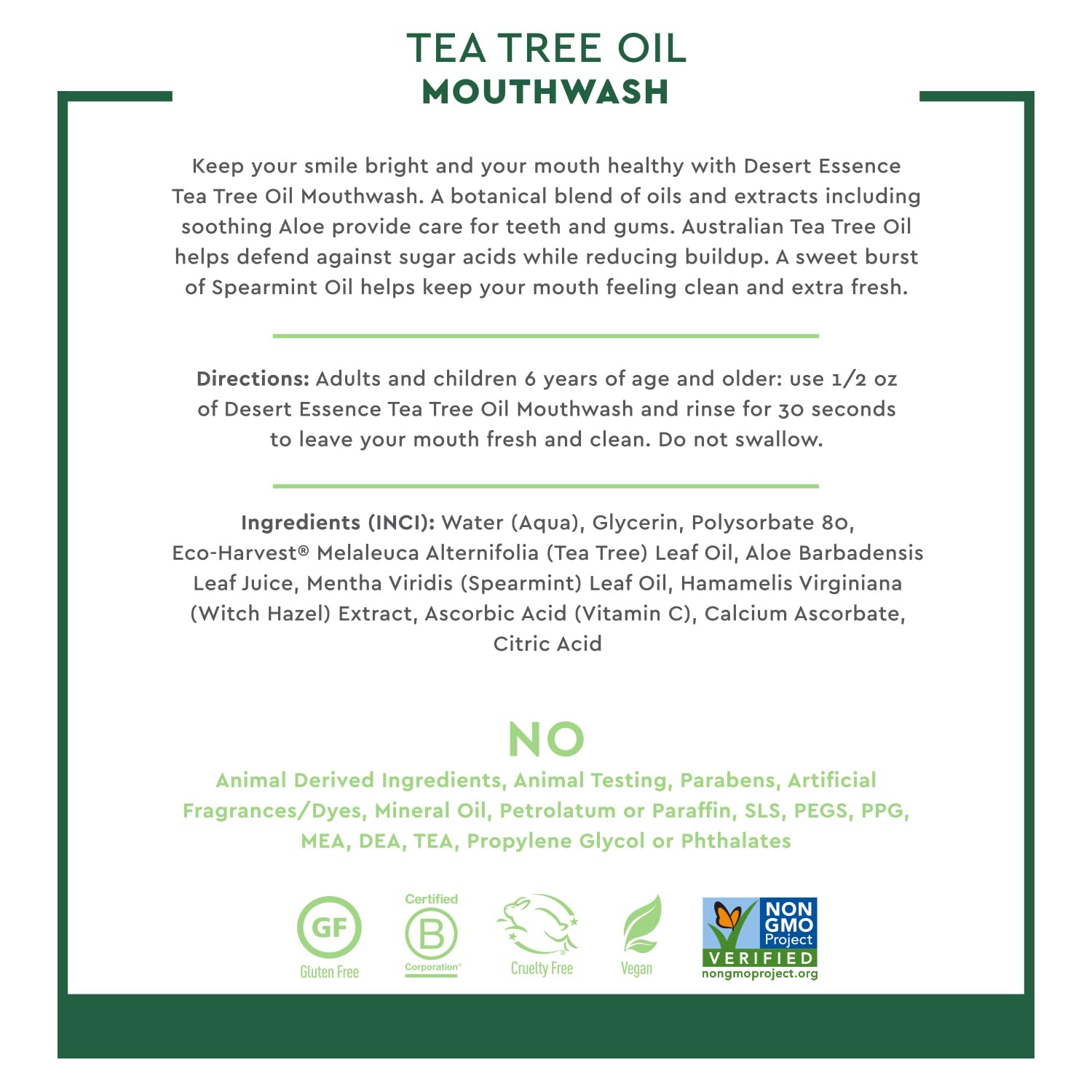 Desert Essence Tea Tree Oil Mouthwash, Spearmint, 16 fl oz - Alcohol Free, Sugar Free, Gluten Free, Vegan, Cruelty Free, Non-GMO - Aloe, Vitamin C & Spearmint Essential Oil - Healthy Teeth & Gums