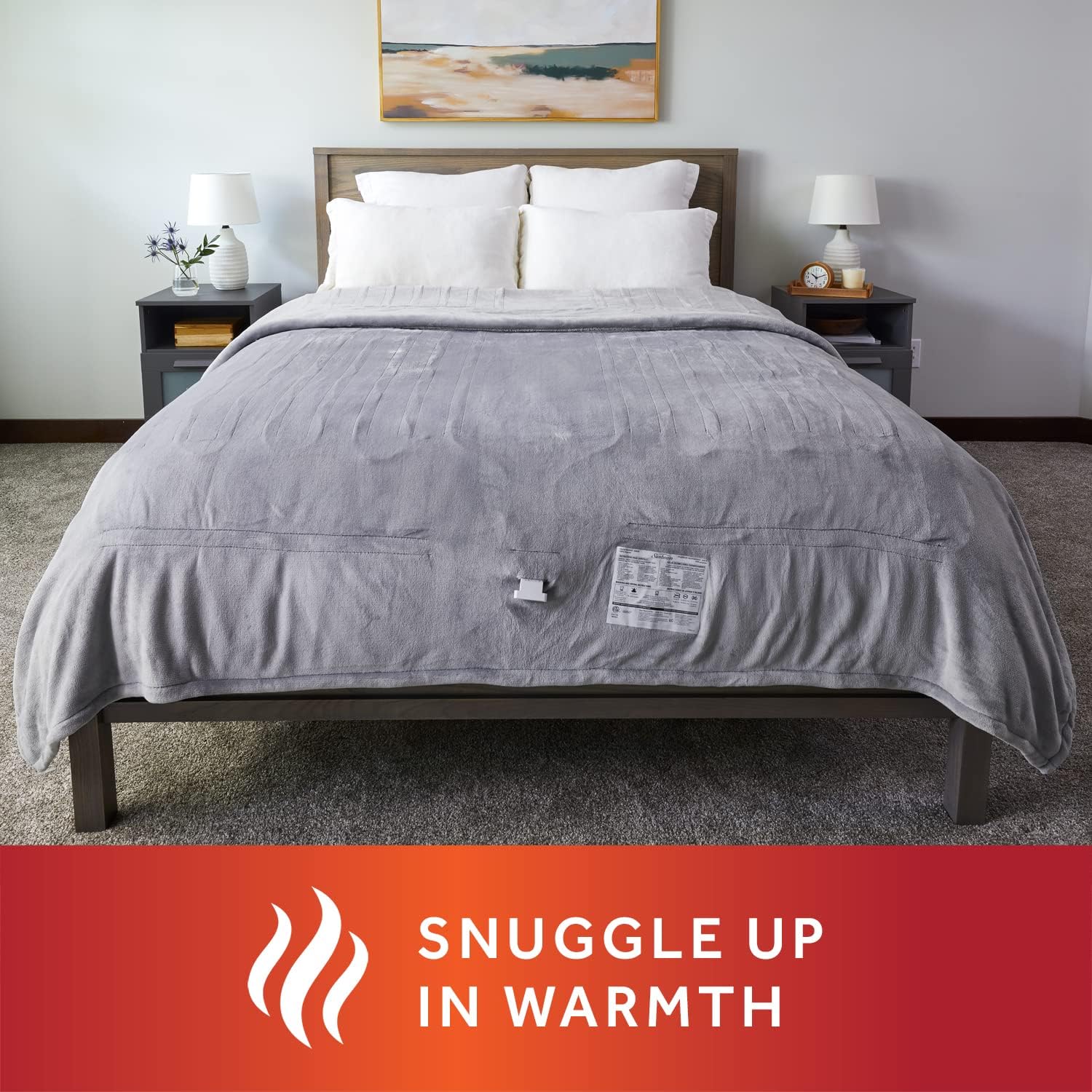 Sunbeam Grey Mist Velvet Electric Heated Blanket King Size, 90" x 100", 12 Heat Settings, Fast Heating, 12 Hour Auto-Shut Off, Machine Washable